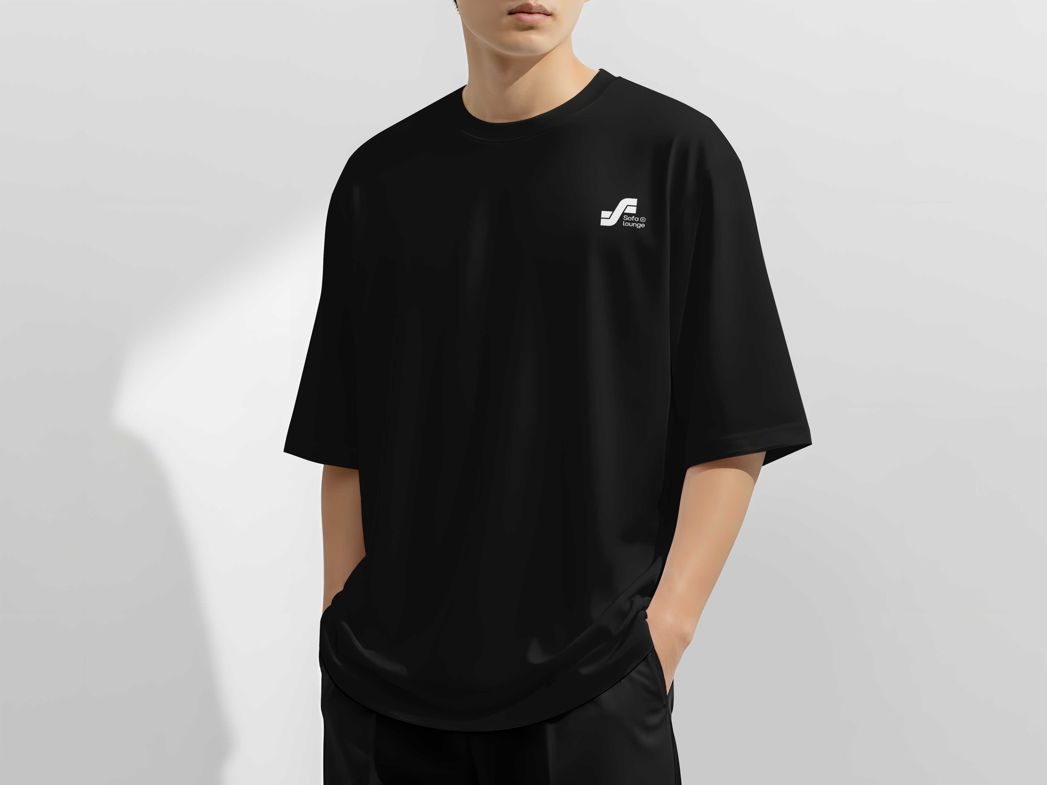 Cocktail and Convo Black Tee — front, Sofa Lounge logo on chest