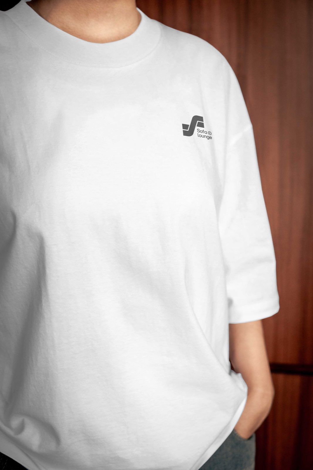 Cocktail and Convo White Tee — front, Sofa Lounge logo on chest