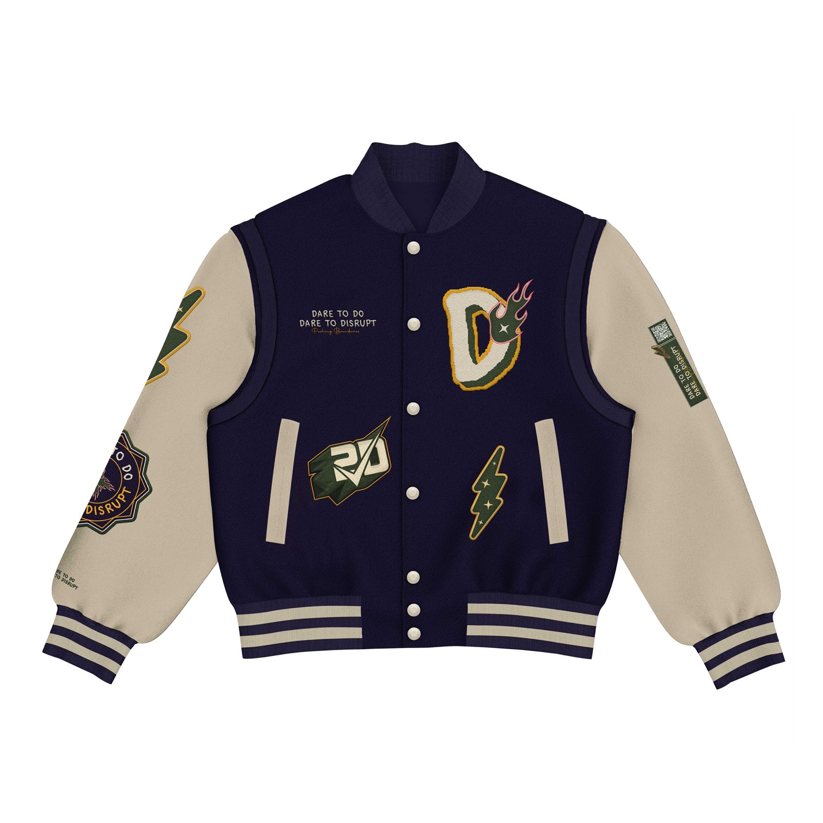 Dare to Do Varsity Jacket — front, navy/cream
