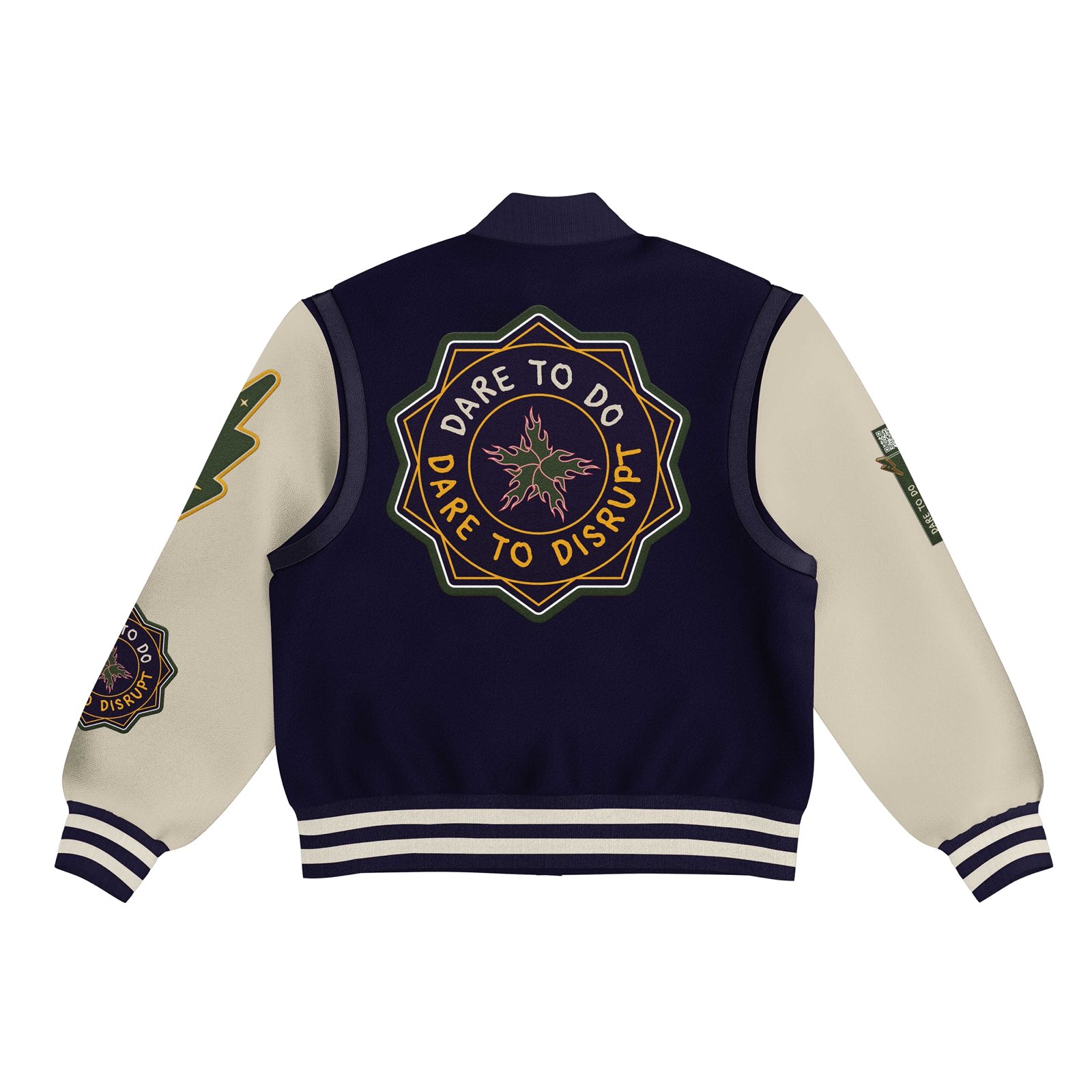 Dare to Do Varsity Jacket — front, navy/cream