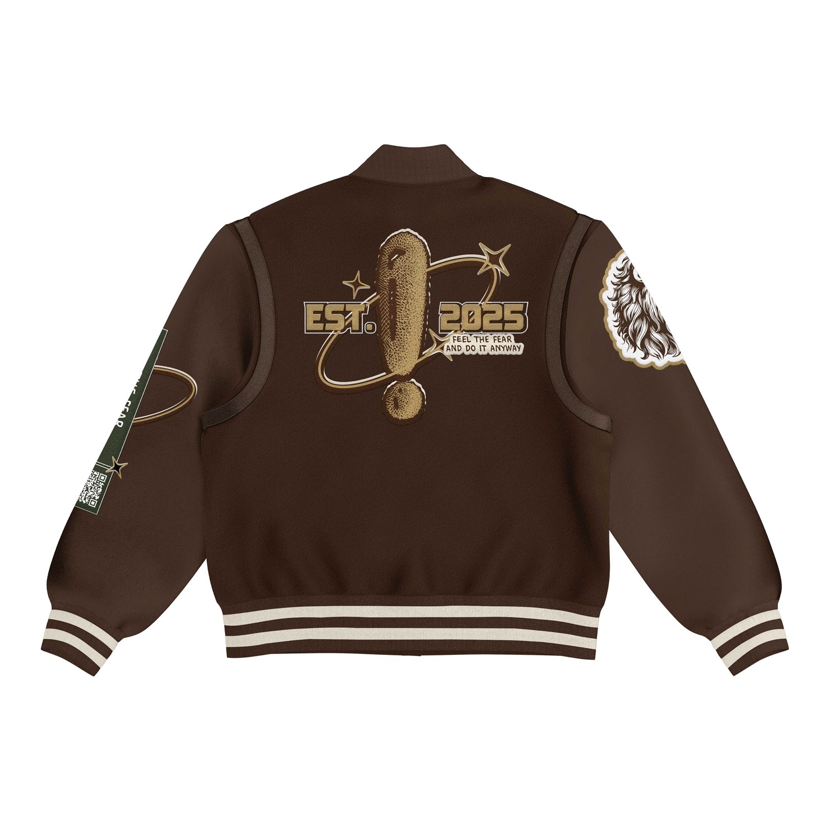 Feel The Fear Varsity Jacket — front, chocolate brown
