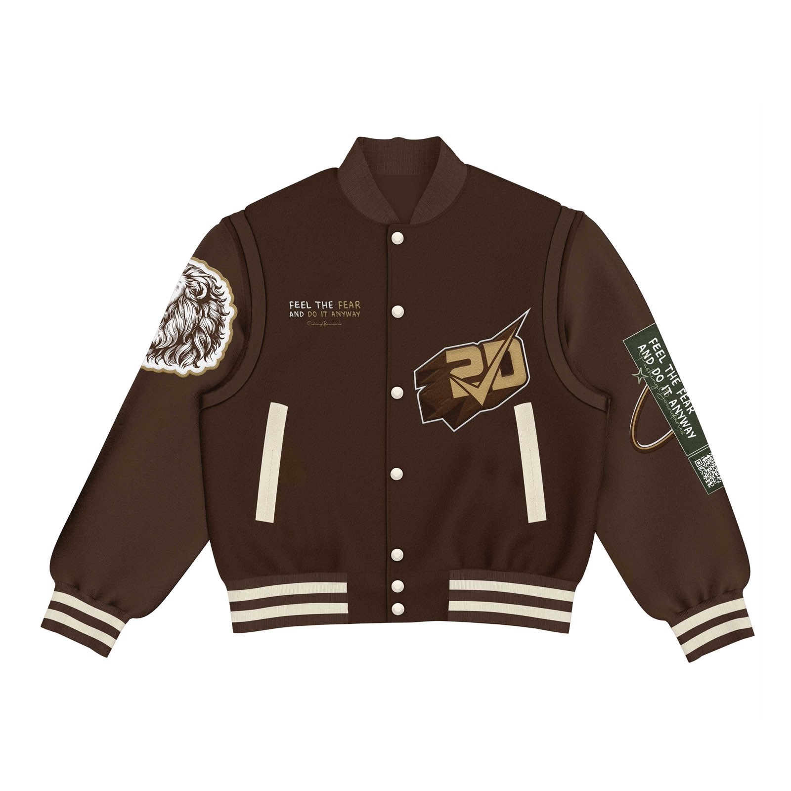 Feel The Fear Varsity Jacket — front, chocolate brown