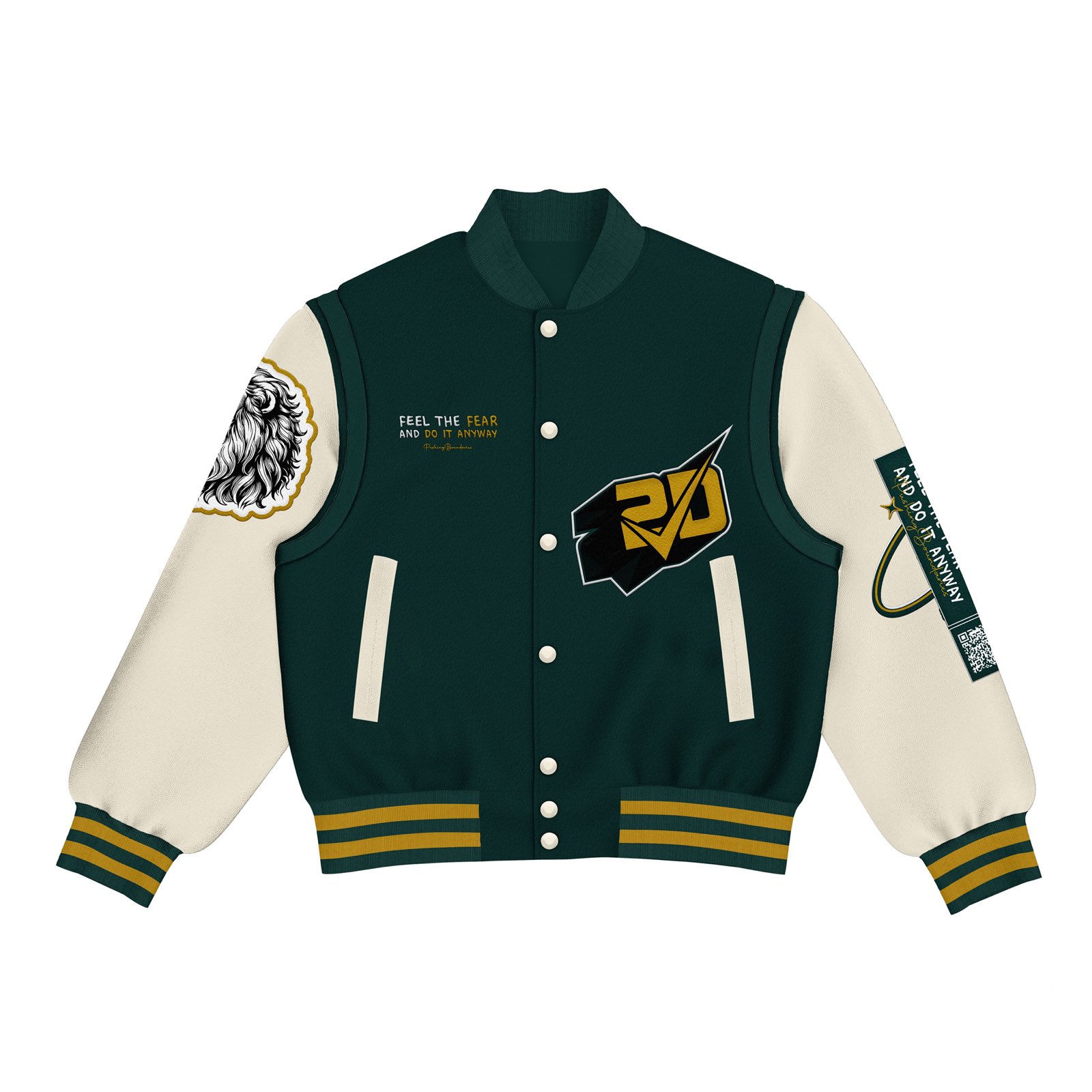 Feel The Fear Varsity Jacket — front, forest green